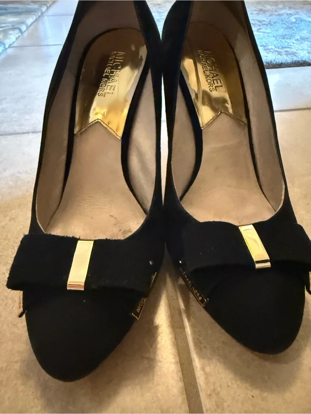 Michael Kors Black Suede Bow Pumps with Gold Trim